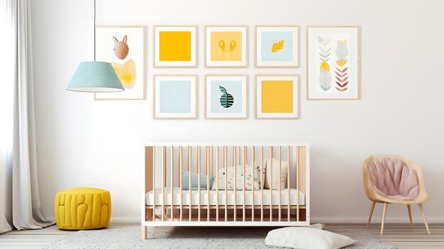 Bright white minimalist nursery wall with frames above cradle Neural network generated in May 2023 Not based on any actual person scene or pattern