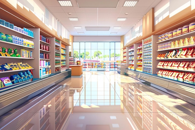 bright white modern supermarket with shelves and copy space