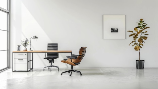 Bright white office featuring a desk with a laptop and a pencil sleek and organized workspace for productivity