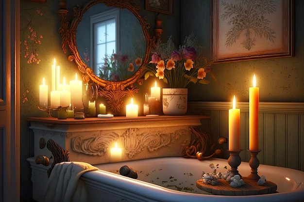 Bright with candles intimate evening in bathroom of house created with generative ai