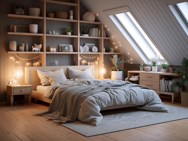 Яркий деревянный интерьер спальни с естественной мебелью