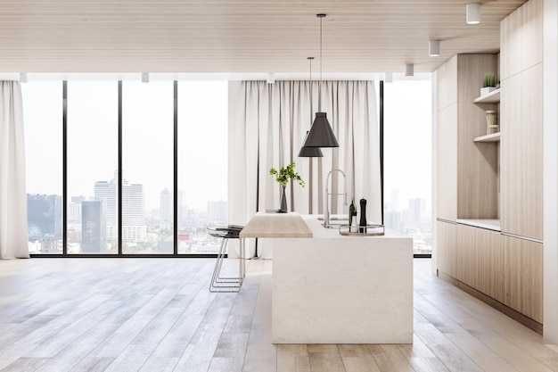 Bright wood and concrete kitchen interior with island appliances and window with city view and daylight 3D Rendering