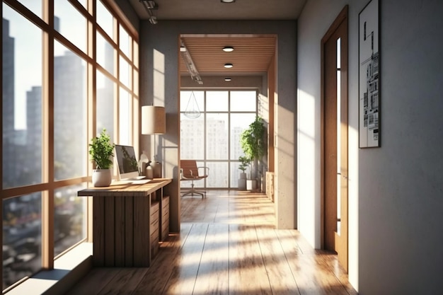 Bright wooden and concrete office hallway interior with furniture window with city view and daylight