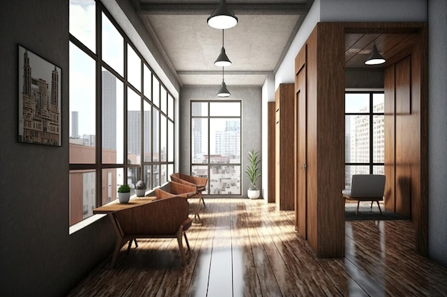 Bright wooden and concrete office hallway interior with furniture window with city view and daylight