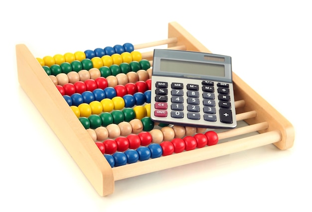 Bright wooden toy abacus and calculator isolated on white