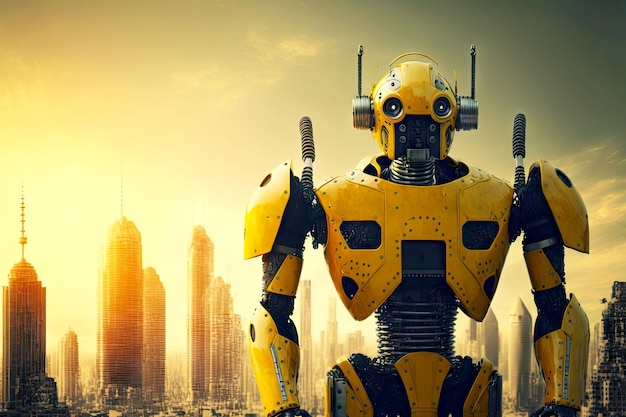 밝은 노란색 안드로이드 로봇은 미래 도시 생성 AI를 배경으로 건설을 돕습니다.