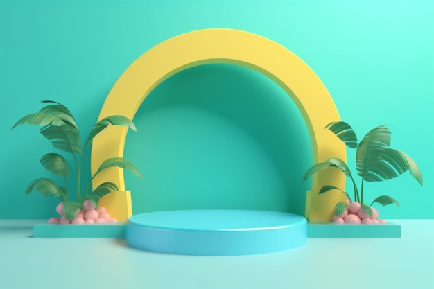 Bright yellow arch door on display podium with tropical leaves and pink balls on both side Background template Created with Generative AI technology