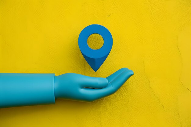 Bright yellow background blue pin hand holding grocery bag seamless delivery service concept