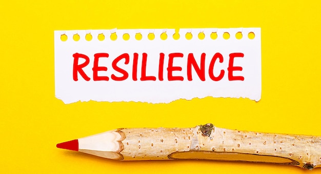 明るい黄色の背景に、大きな木製の鉛筆と、RESILIENCEというテキストが書かれた破れた紙のシート