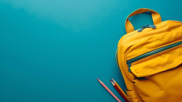 Ярко-желтый рюкзак на синем фоне Назад в школу Концепция Простота и образование Тема Изображение Необычные аксессуары ИИ