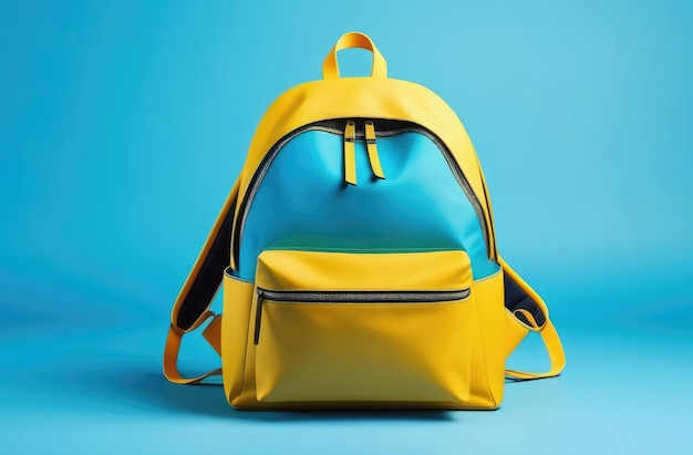 Photo bright yellow backpack on a blue background showcasing modern design vivid color contrast