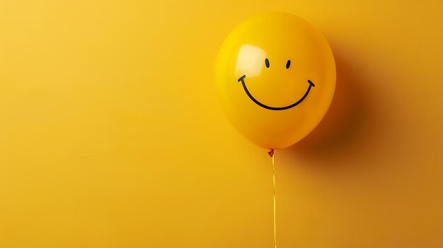 A bright yellow balloon with a smiley face floats against a yellow background