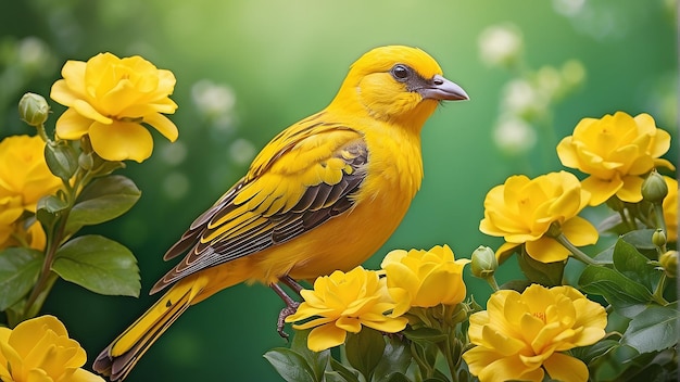 A bright yellow bird is sitting on a branch with yellow flowers