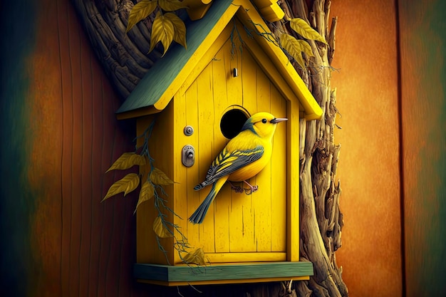 Bright yellow birdhouse with open door on branch