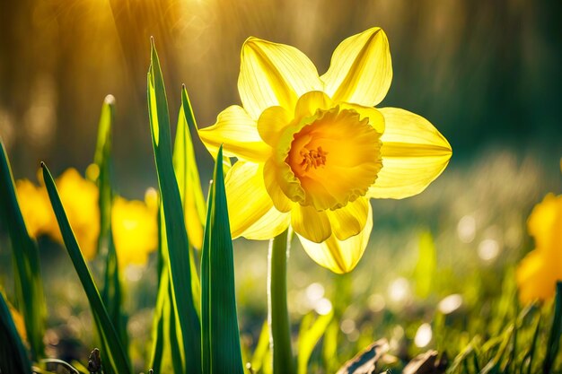 Bright yellow blooming daffodil flower in spring sunny clearing