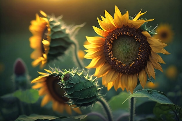 Bright yellow blooms reaching towards the sun in a field of green