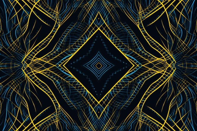 A bright yellow and blue background with a pattern of lines and stars.