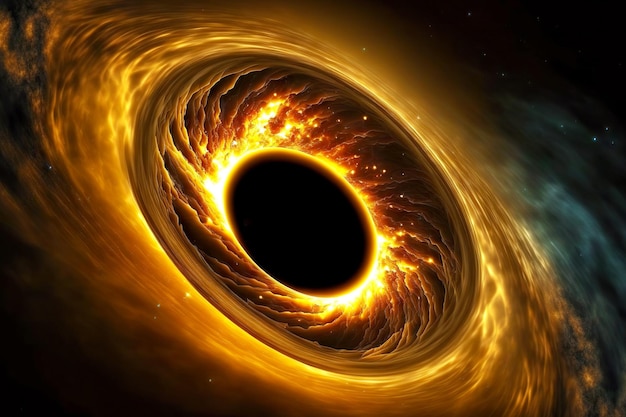 Photo bright yellow burning circles diverging from black hole singularity