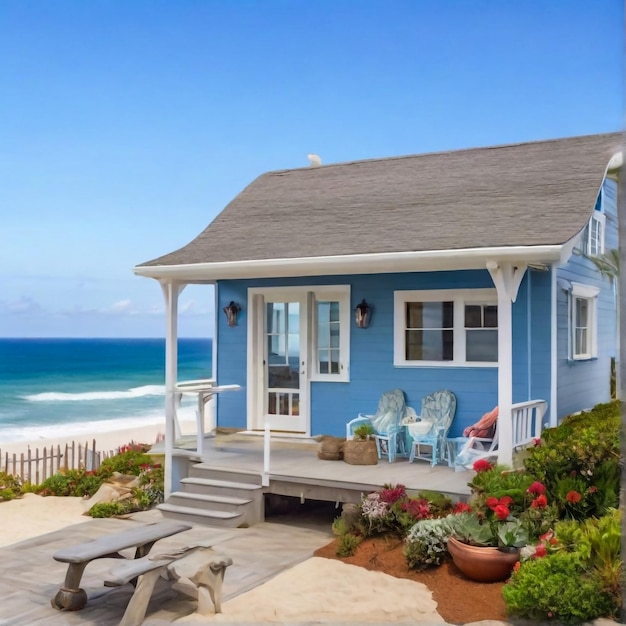 Foto casa di vita costiera gialla brillante con persiane blu brillante