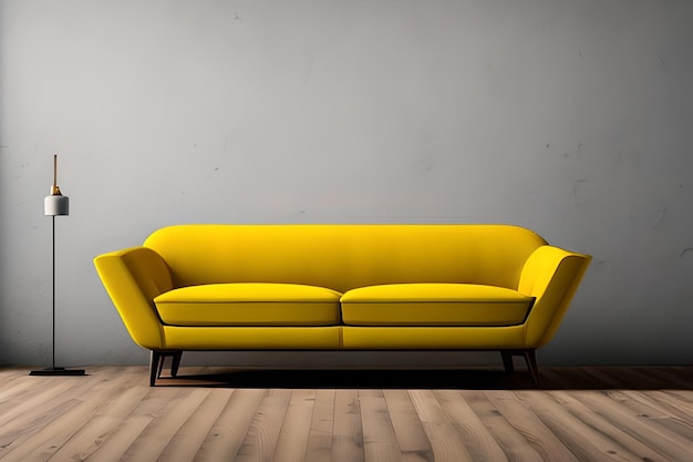 A bright yellow couch in a room with a grey wall behind it.