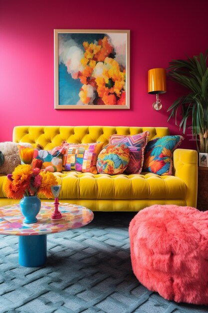 Photo a bright yellow couch with a colorful throw pillows on it