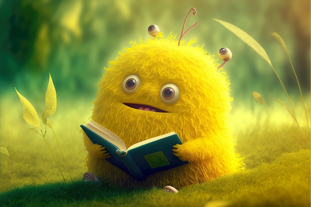 Bright yellow cute monster reads books in garden generative ai