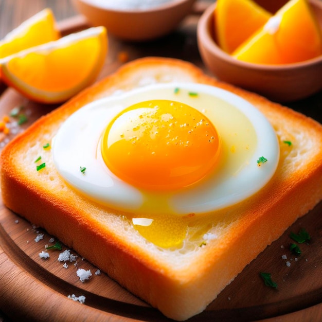 Bright yellow egg yolk on a piece of toast