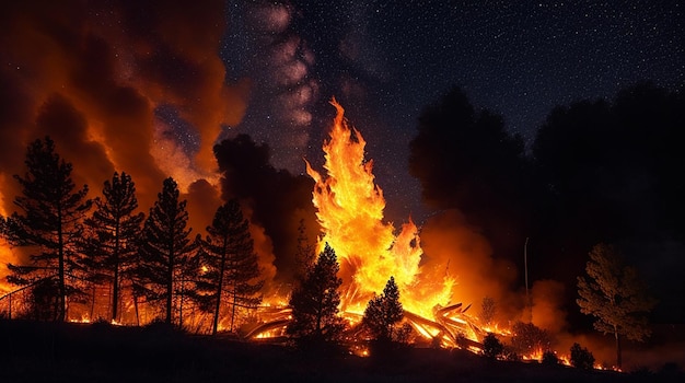 Bright yellow fire blazing against night sky generated by