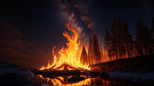 Bright yellow fire blazing against night sky generated by