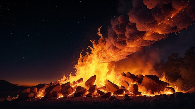 Bright yellow fire blazing against night sky generated by