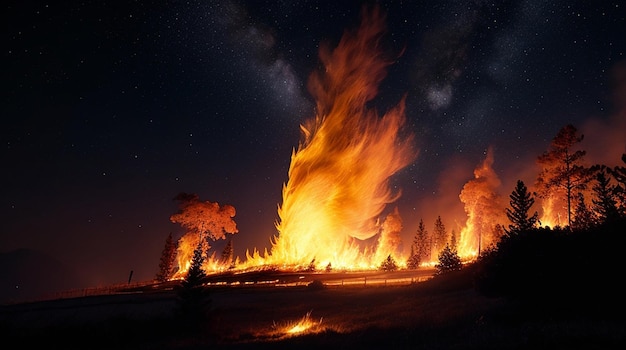 Bright yellow fire blazing against night sky generated by