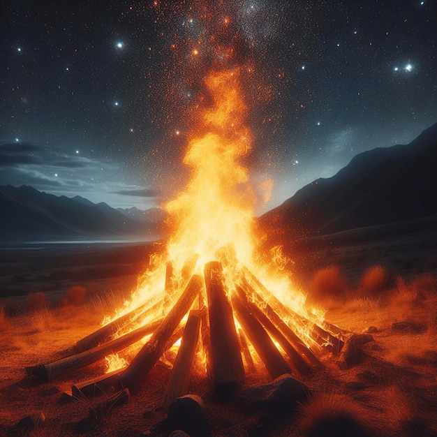 Bright yellow fire blazing against night sky