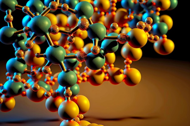 Foto modello di closeup molecola verde giallo brillante con catene di connessioni