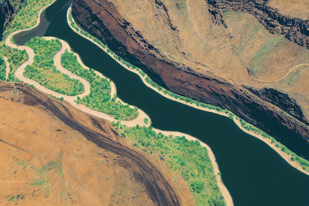 Bright yellow green valley through which iceland aerial river flows