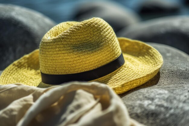 Foto cappello giallo brillante appoggiato su una pila di rocce nei grandi spazi aperti ia generativa