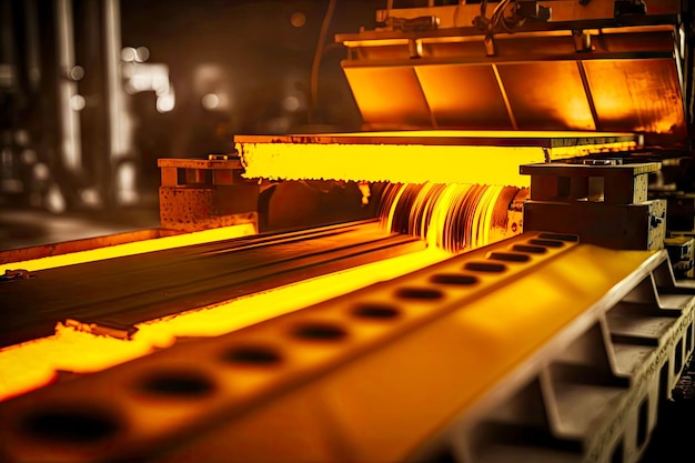 Bright yellow iron on conveyor in smelter of aluminum industry factory generative ai