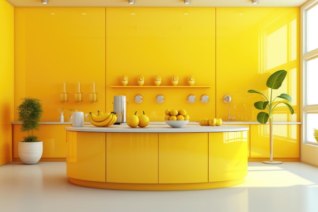 Bright Yellow Kitchen with Fresh Fruit and Pots