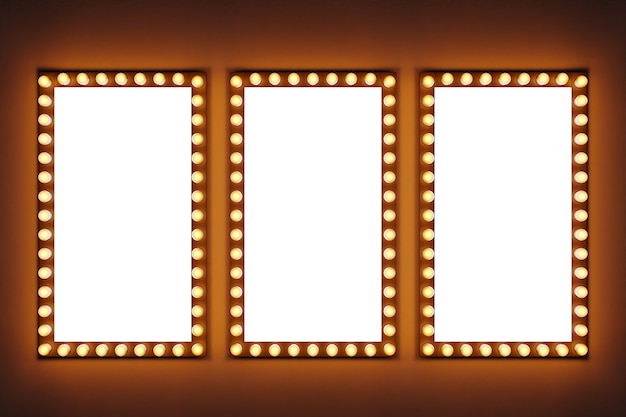 Photo bright yellow light bulbs in a row in the form of rectangles are lit on a brown isolated background. three white rectangles around which light bulbs shine brightly