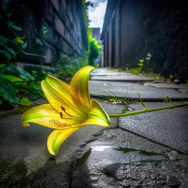 Bright yellow lily with its brilliant green leave