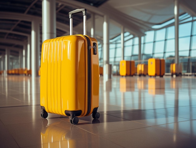 写真 新たな旅に出発する準備ができている空港の床にある明るい黄色い荷物やスーツケース