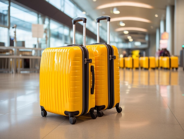 공항 바닥 에 있는 밝은 노란색 의 수하물 이나 수하물 은 새로운 여행 에 출발 할 준비 가 되어 있다