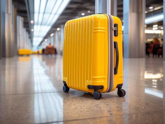 Bright yellow luggage or suitcases on airport floor ready for departure on new journey