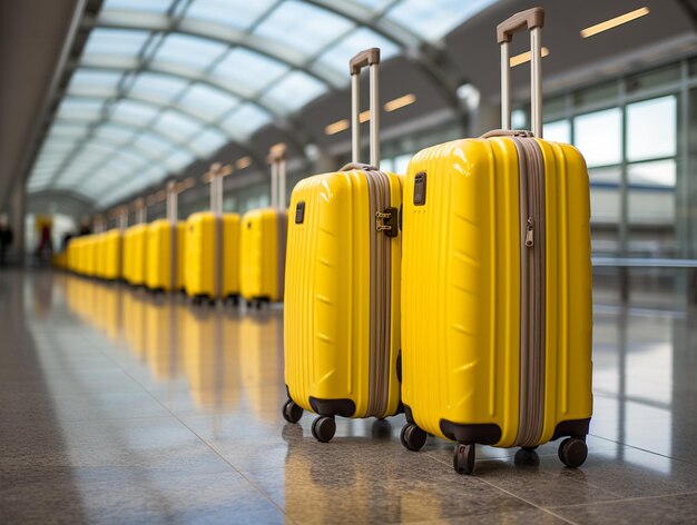 공항 바닥 에 있는 밝은 노란색 의 수하물 이나 수하물 은 새로운 여행 에 출발 할 준비 가 되어 있다