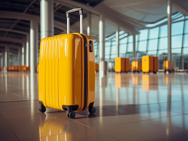 Foto bagagli o valigie gialli brillanti sul pavimento dell'aeroporto pronti per la partenza per un nuovo viaggio