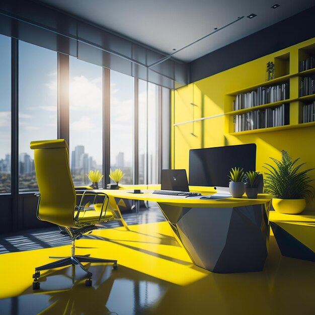 A bright yellow office with a desk and a computer on it.