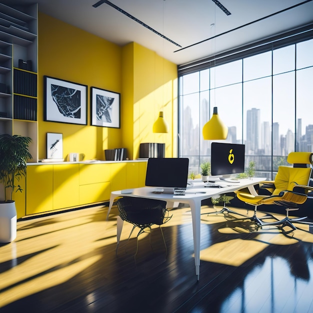 A bright yellow office with a desk and yellow chairs and a city skyline.