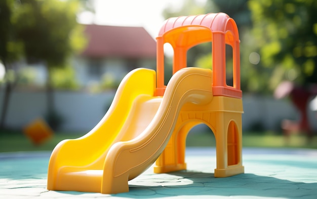 Bright yellow and orange slide twisting in a park