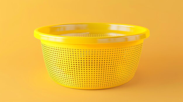 Bright yellow plastic laundry basket on yellow background Simple clean design Perfect for storing clothes toys or other household items