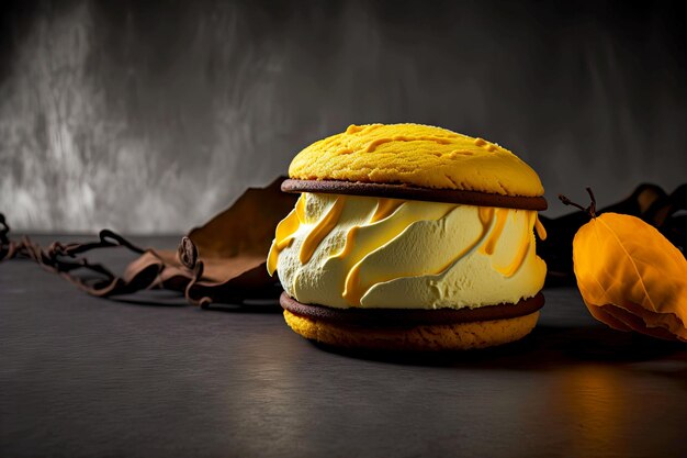 Bright yellow pumpkin cream whoopie pie on dark background