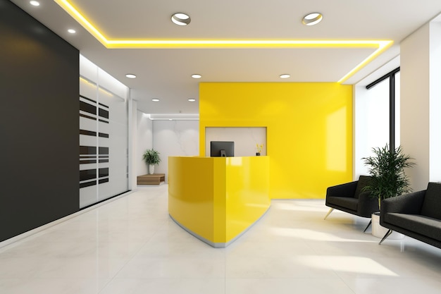 A bright yellow reception area with a black chair and a black chair.